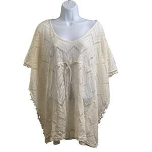 Women's Miken White‎ Boho Pom Pom Poncho Cover-Up Size S Flowy Beach Pool Summer
